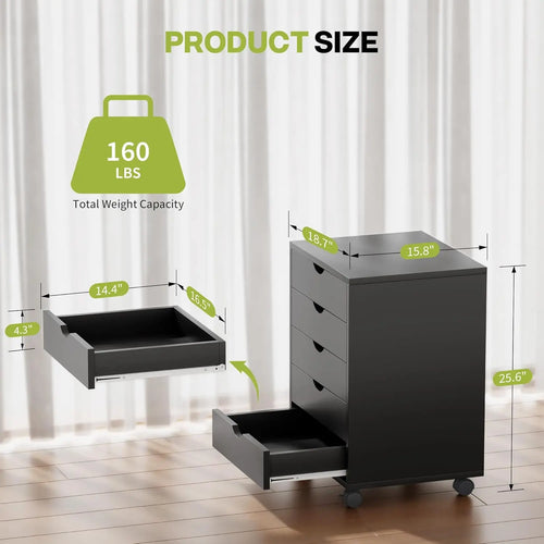 5-Drawer Mobile Storage Cabinet with Wheels, Black Office Dresser for Home Organization