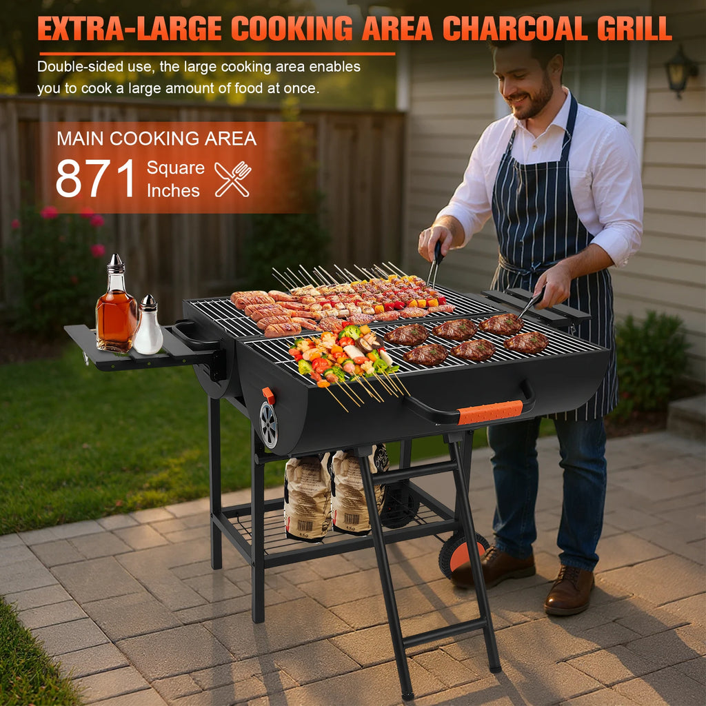 Extra Large Outdoor BBQ Grill with 2 Foldable Side Tables Portable Charcoal Grill for Backyard Camping Patio Parties and Picnics