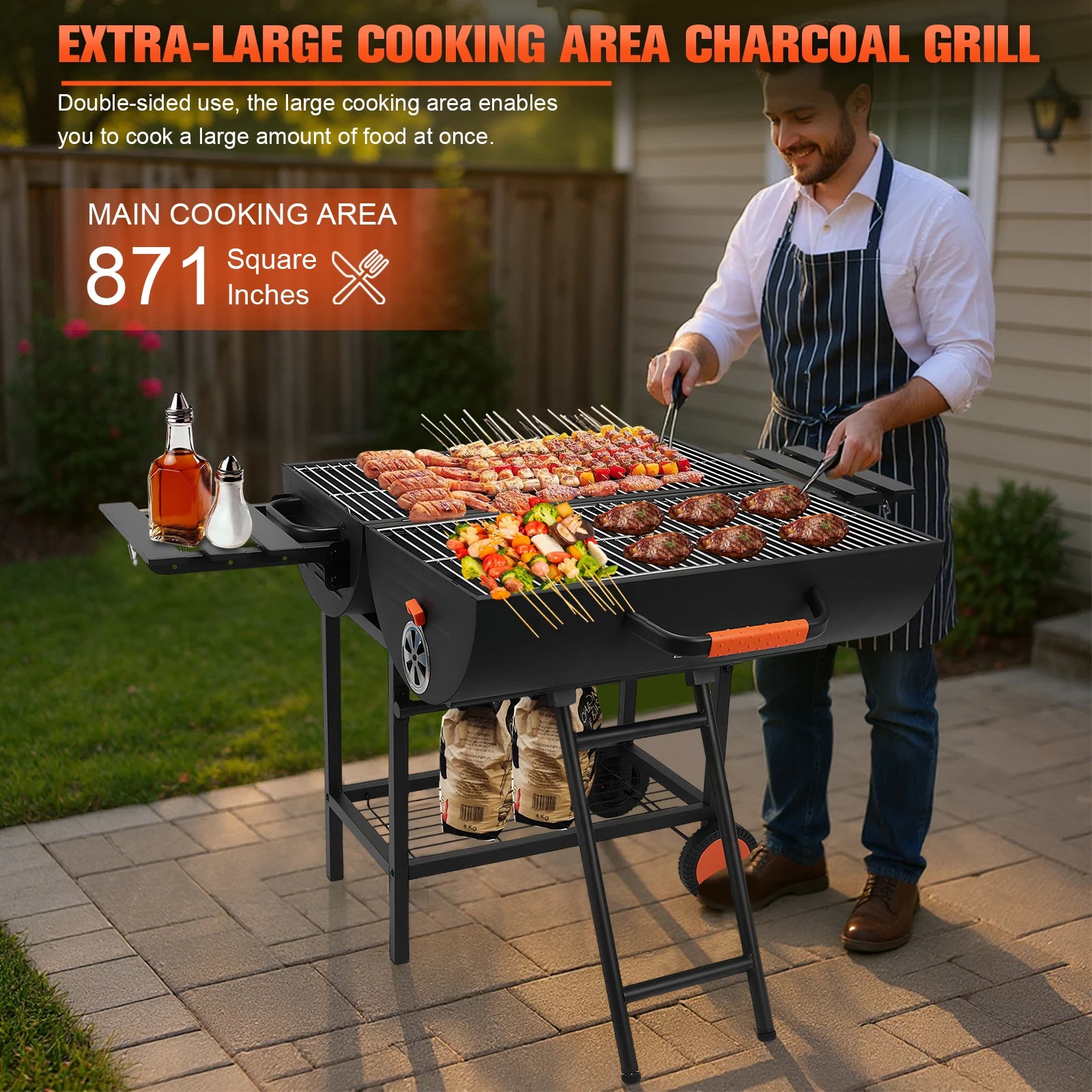 Extra Large Outdoor BBQ Grill with 2 Foldable Side Tables Portable Charcoal Grill for Backyard Camping Patio Parties and Picnics
