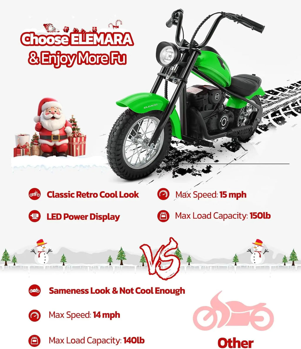 Electric Dirt Bike for Kids, 15mph, 150lb Max, LED Lights, Key Start, Twist Grip, 12' Air-Filled Tires - Green