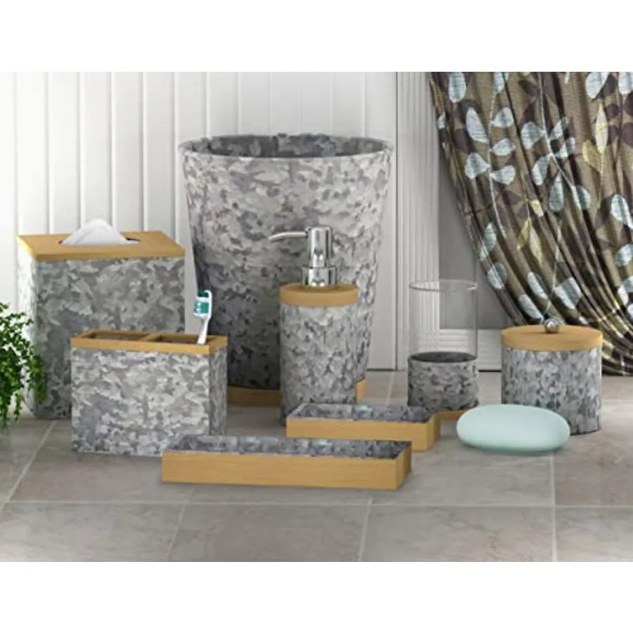 Bath Accessory Set in Galvanized Steel and Wood with Confetti Design Set of 7 : Includes Q-tip Jar Soap Dish Toothbrush Holder