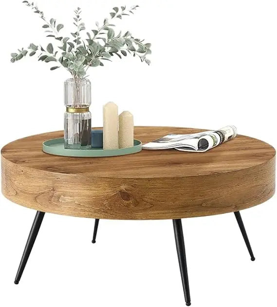 Coffee Table for Living Room, Round Wood Coffee Tables with Storage, Modern Metal Accent Center Tea Table for Apartment S