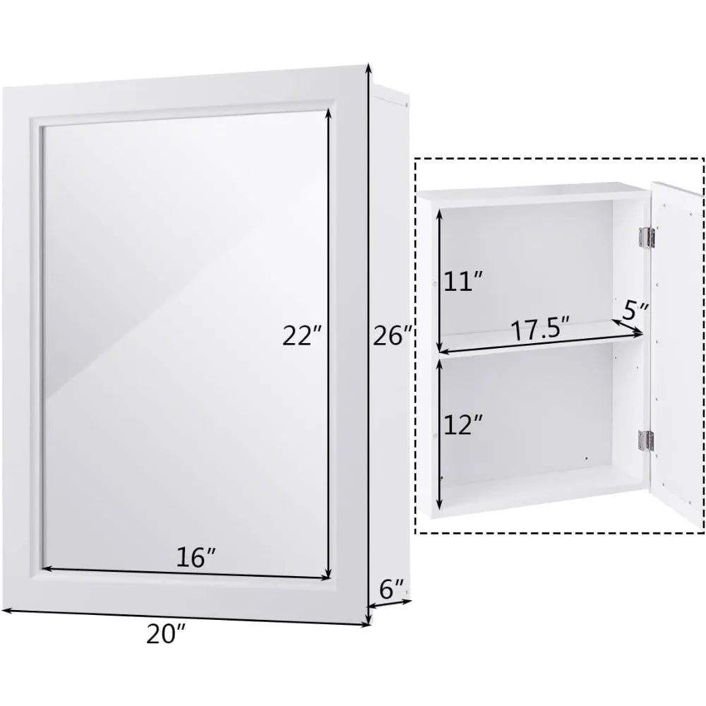 Wall-Mounted Single Door Mirrored Cabinet for Bathroom Storage in White