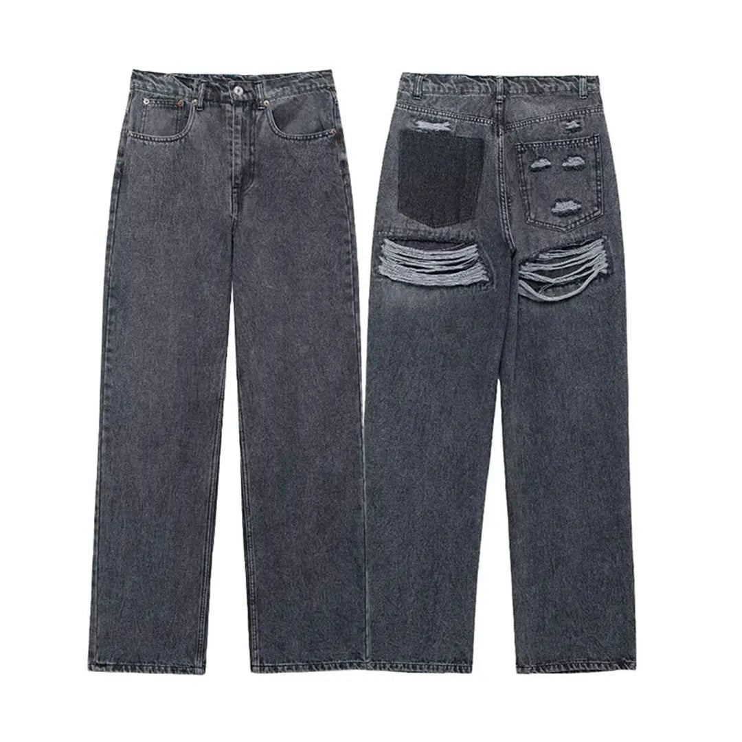 HH 2024 Vintage Denim Jeans For Women 2 Colors High Waist Zipper Fly Ripped Distressed Patchwork Causal Straight Trousers