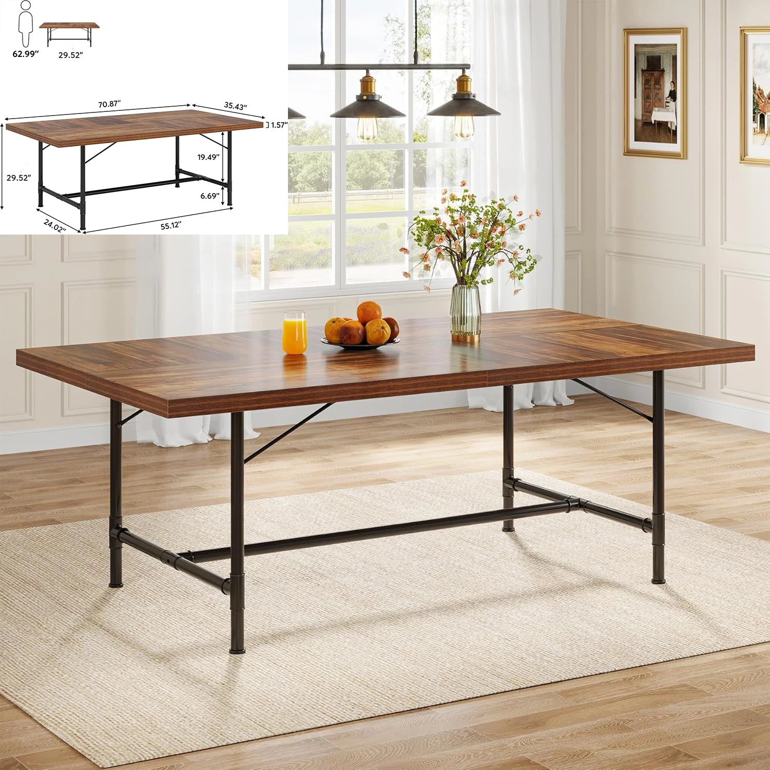 70.9 Inch Large Dining Table for 6 to 8, Kitchen Table Furniture with Metal Legs, Rectangular Dinner Table for Dining Room