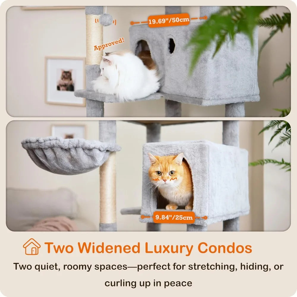 Cat Tree,73.6 inch Tall Cat Climbing Tower for Large Cat Indoor with 2 Large Condos,2 Widened Perches, Sisal Covered Scratching