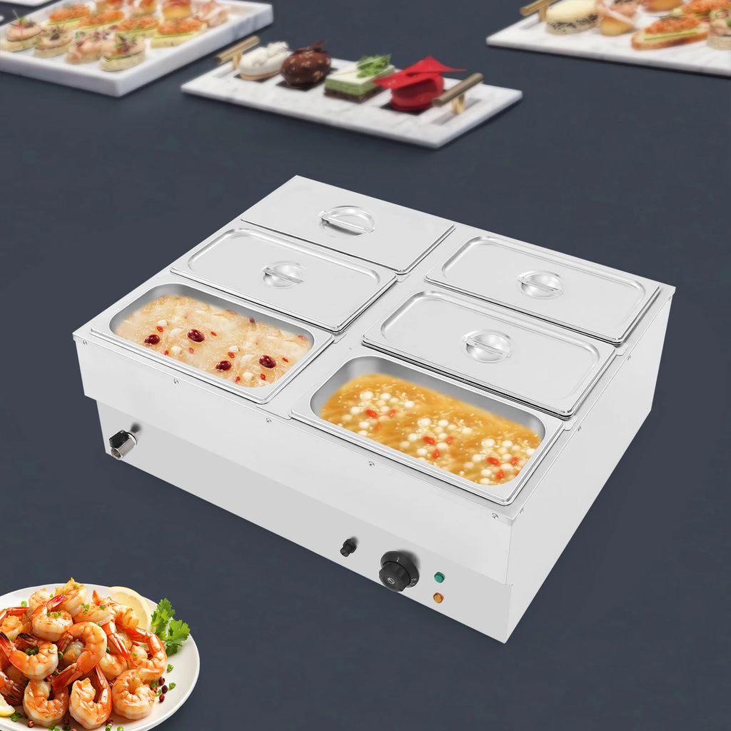 1500W Countertop Stainless Steel Soup Warmer, Food Warmer Machine, 6-Pan Commercial Food Warmer with Lids