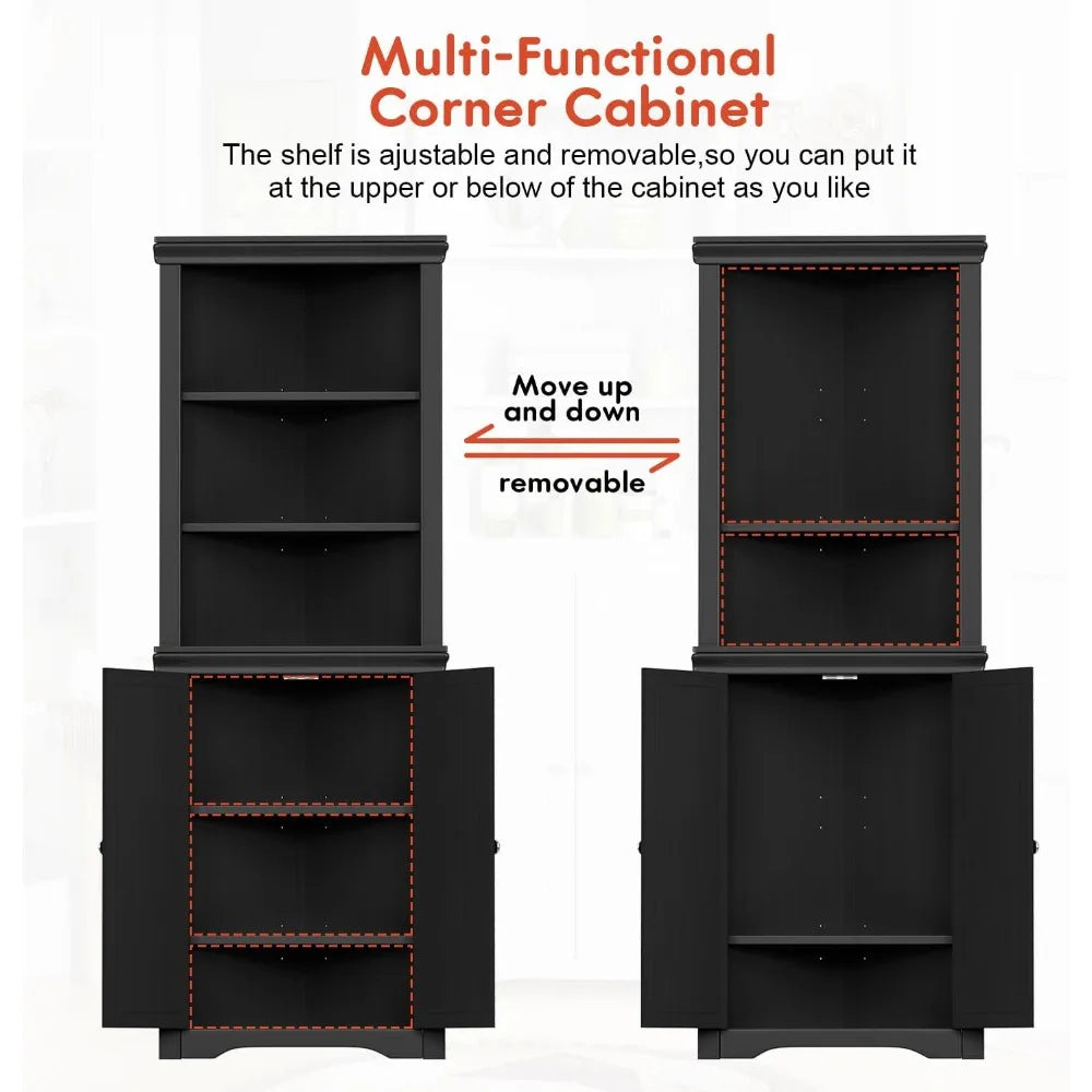 Corner Storage Cabinet with Doors, Adjustable Shelves for Living Room, Bathroom, Kitchen - Dark Black