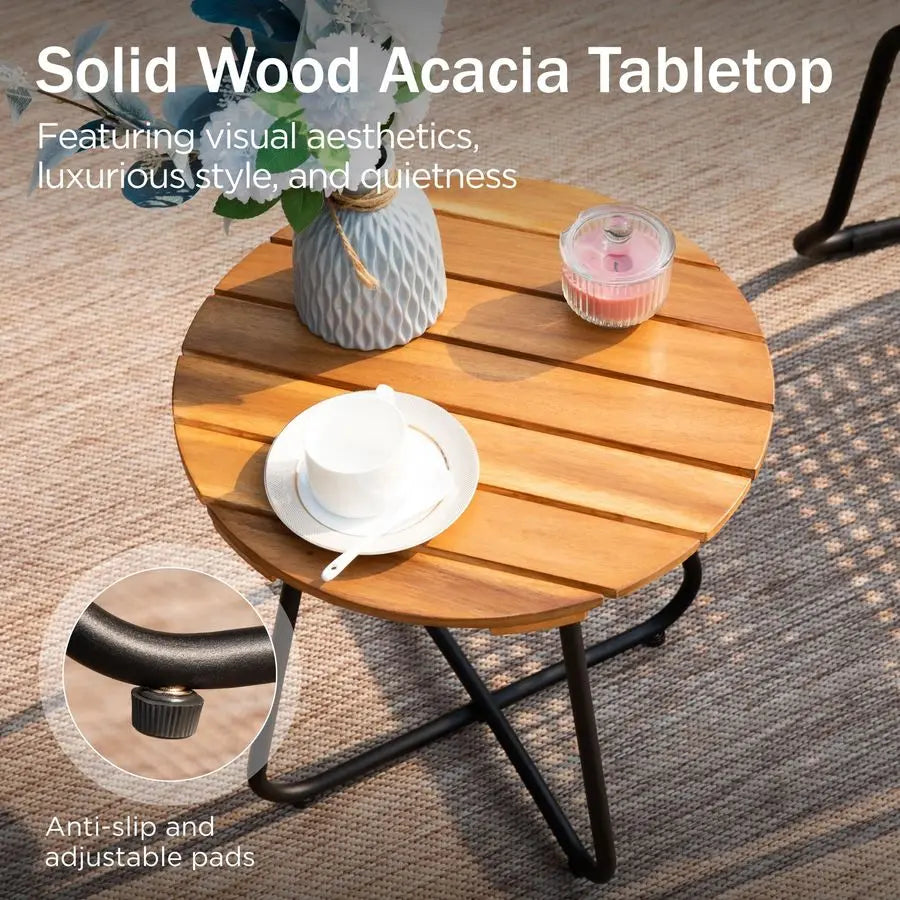 3 Pieces Outdoor Wicker Bistro Set for 2, Stackable Rattan Chairs amp Acacia Wood Round End Table, Small Teak Conversation Furn