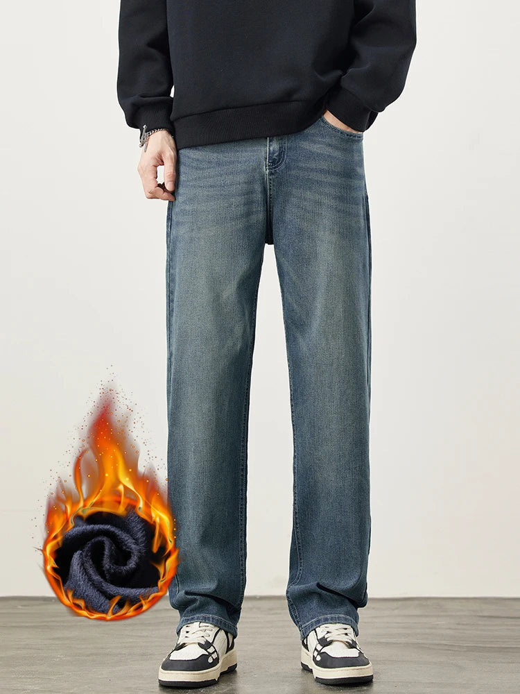 Fleece Men's Straight Jeans Winter Baggy Thick Warm Fashion Korea Plush Wide Denim Pants Casual Male Thermal Trousers