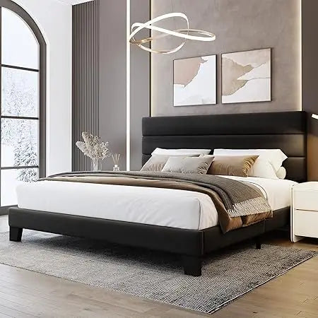 WEEWAY King Bed Frame Platform Bed with Velvet Upholstered Headboard and Wooden Slats Support, Heavy Duty Mattress Foundation, N
