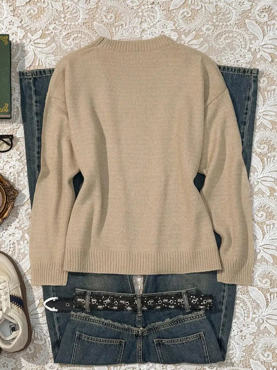 Navy Blue Collegiate Bear Print Pullover Sweater for Women, Autumn Winter Casual Style