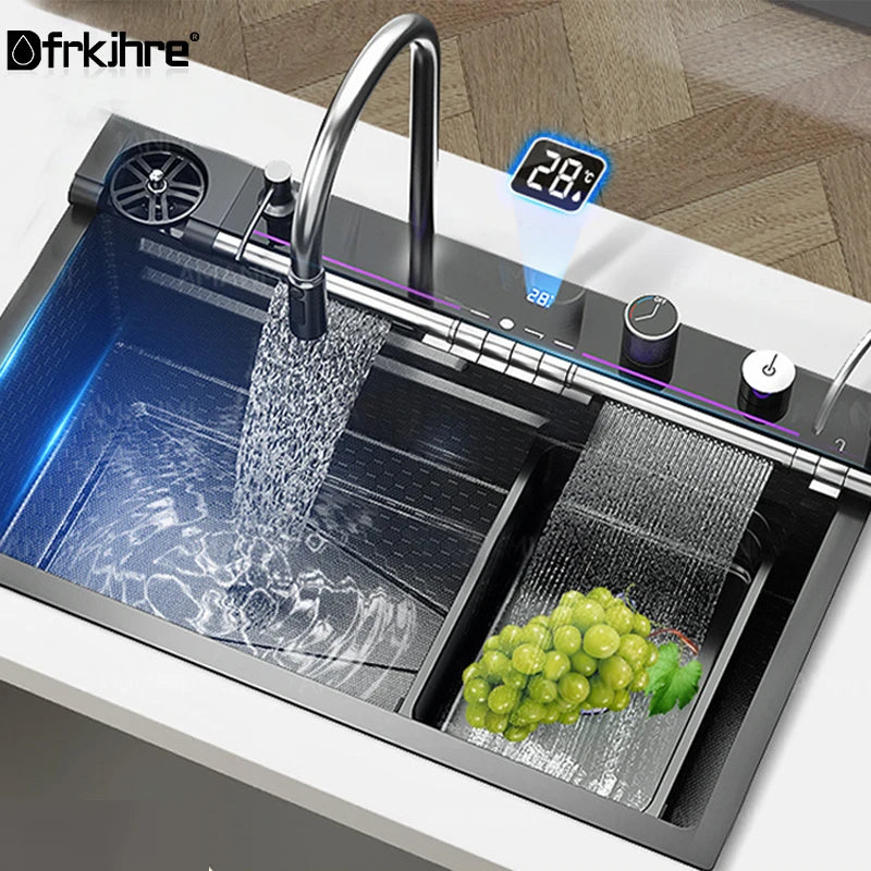 Grey Stainless Steel Waterfall Kitchen Sink Large Single Slot Integrated Digital Display Faucet Set Soap Dispenser Cup Washer
