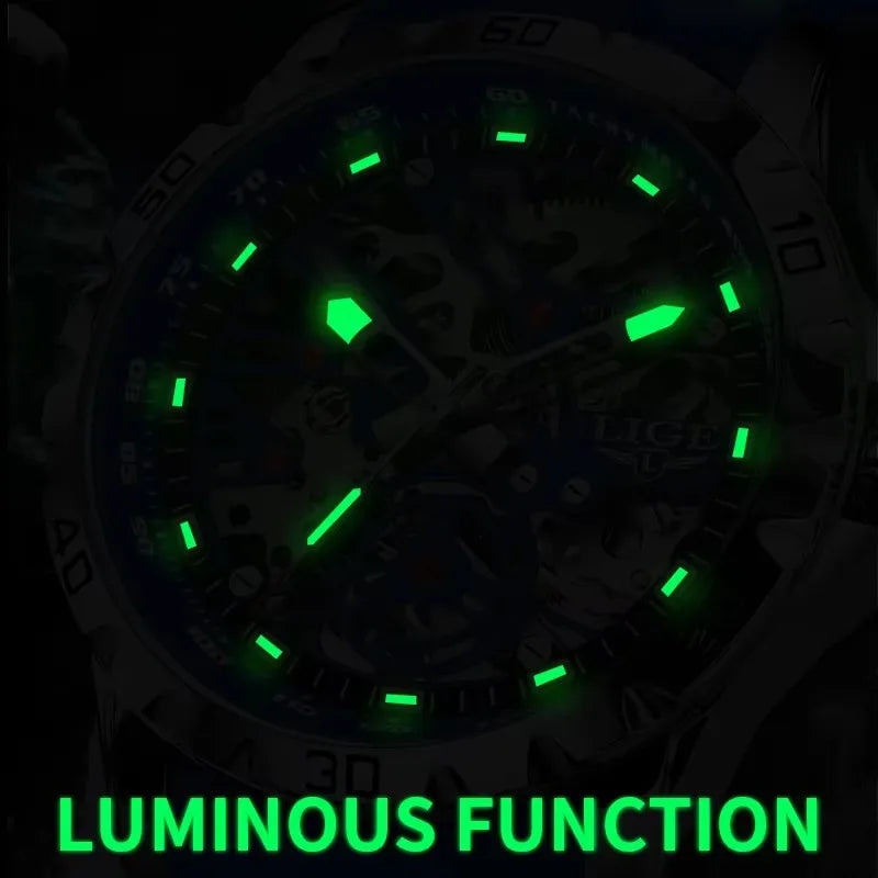 LIGE New Watches Mens Skeleton Mechanical Automatic Watch Top Brand Luxury Luminous 30M Waterproof Watch For Men Relojs Hombre