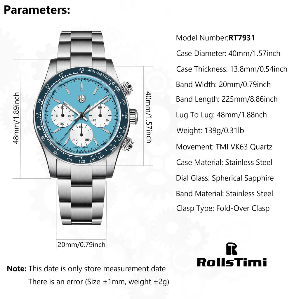 2025 New RollsTimi Men's Watches Top Brand Luxury Quartz Watch For Men Speed Chronograph AR Sapphire Luminous Waterproof Clock