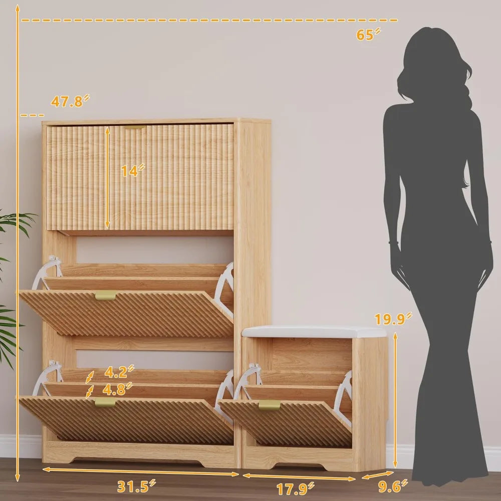 slim shoe cabinet with bench for entryway, hidden storage and adjustable shelves, free standing wooden shoes organizer for foyer