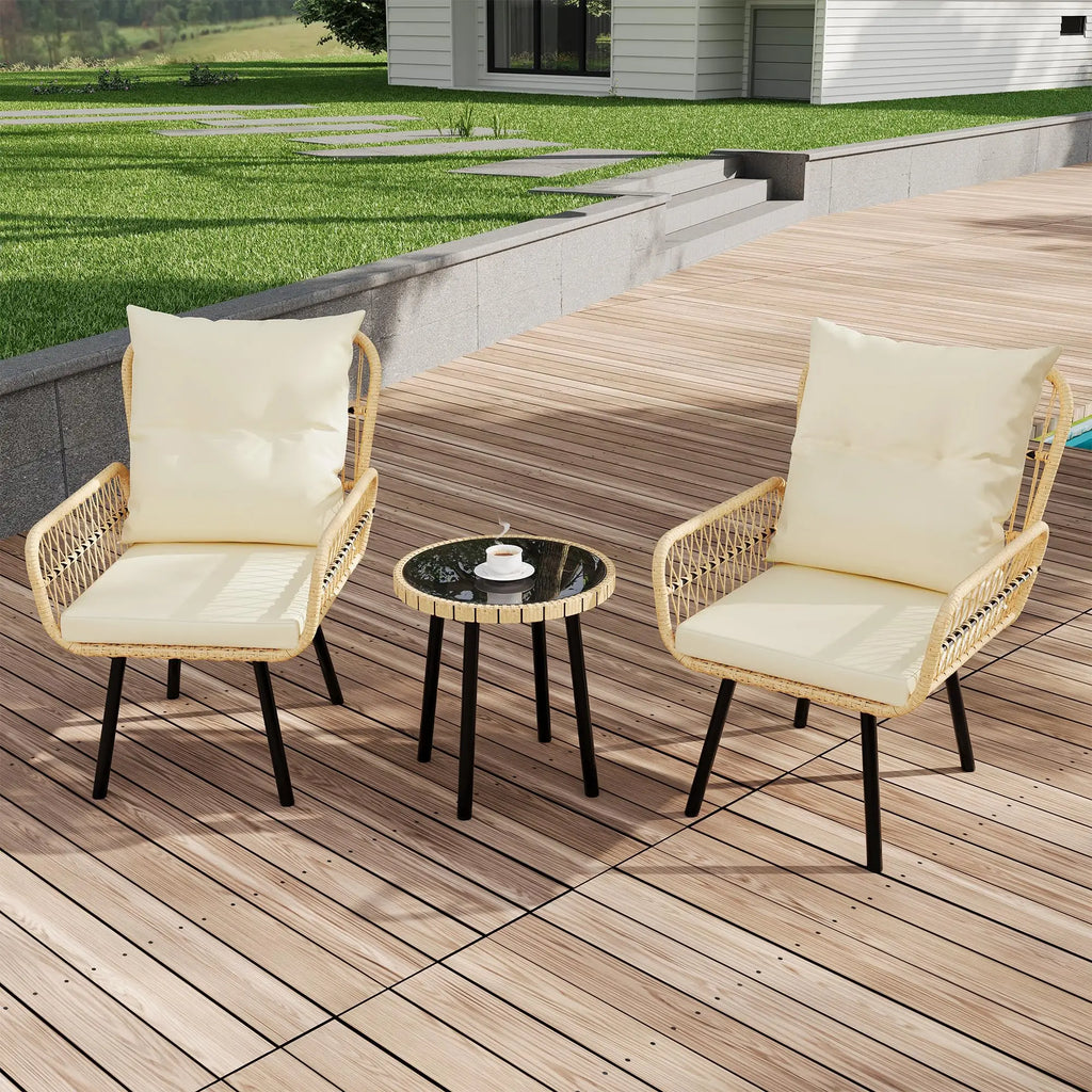 3 Piece Outdoor Patio Bistro Set, Glass Top Coffee Table and Cushioned Chairs Set of 2, All-Weather Rattan Balcony Furniture Set