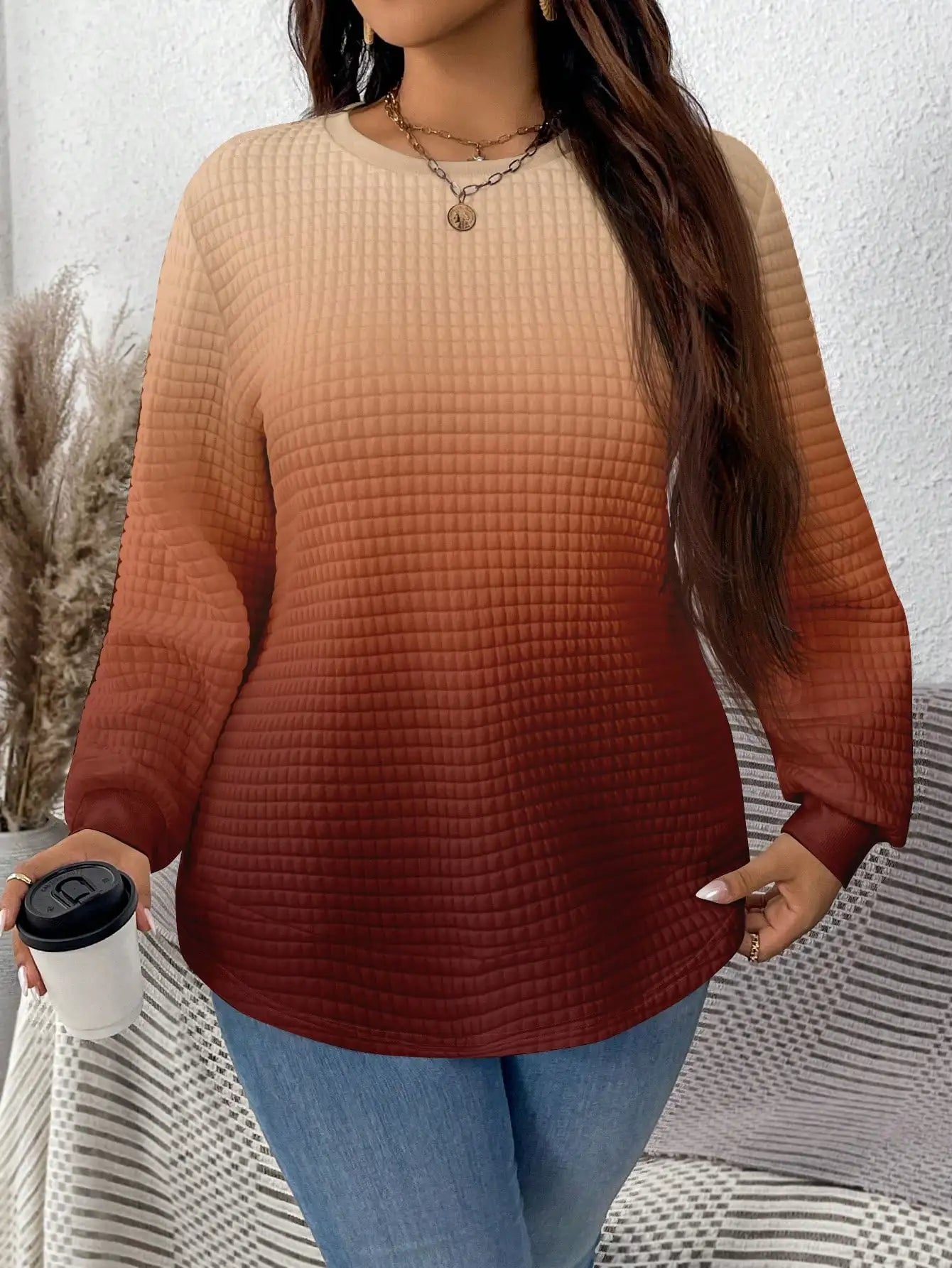 Ombre Waffle Knit Sweatshirt for Women, Plus Size Casual Long Sleeve Top, Autumn Winter Fashion