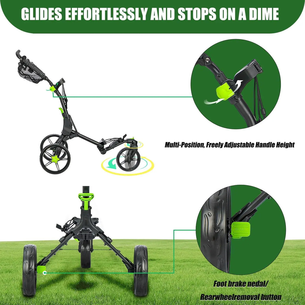 XDriveMax Golf Push Cart 3-Wheel With Umbrella Stand, Swivel Front Wheel Designed For Golf Clubs And Bags Enhanced Storage