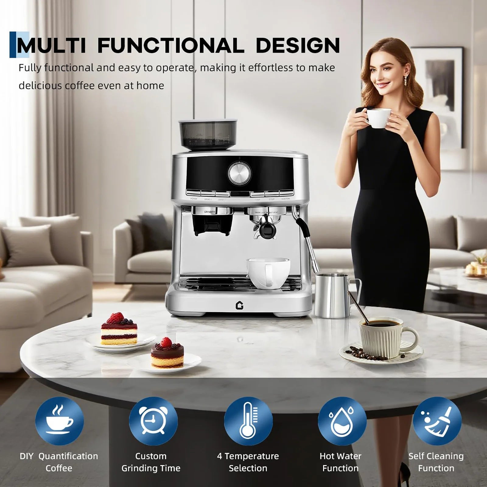 20-Bar Stainless Steel Espresso Machine With 30-Setting Grinder & Milk Frother 1.5L Removable Tank Adjustable Shot Volume