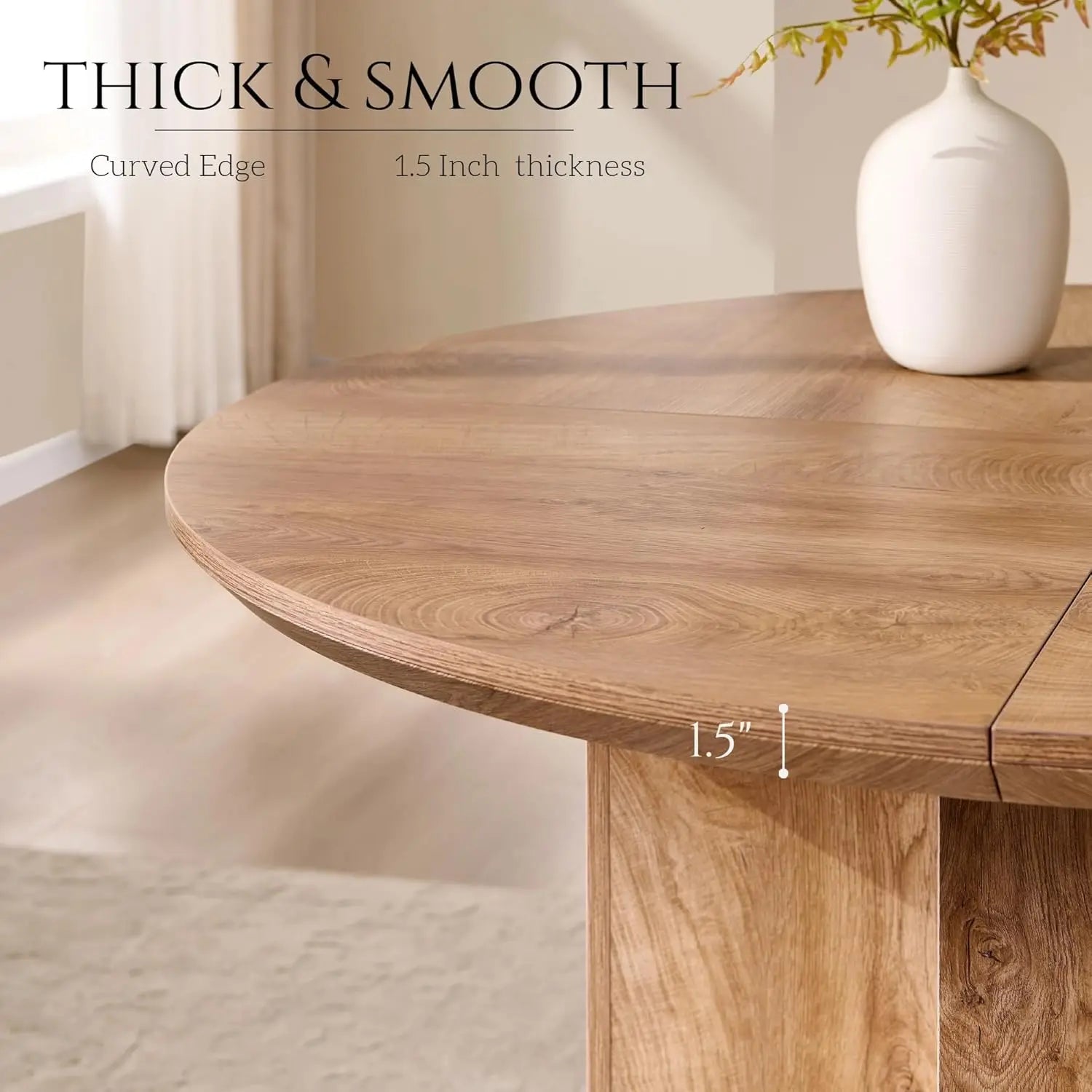 47' Round Dining Table for 4-6 People, Thick Wood Kitchen Table with Sturdy Base & Curved Edge, Modern Circle Dinner