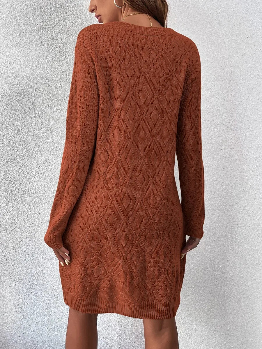 Rust Orange Knit Sweater Dress with Diamond Pattern, Long Sleeve Round Neck, Casual Autumn Winter Wear