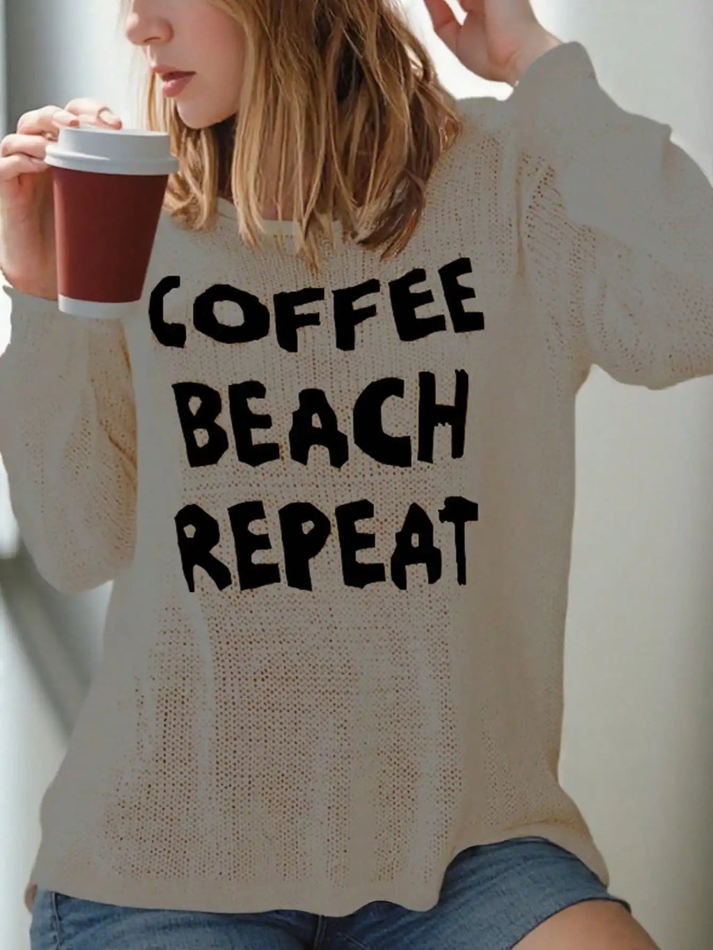 White Coffee Beach Repeat Letter Knit Sweater, Long Sleeve Side Slit Casual Pullover for Women
