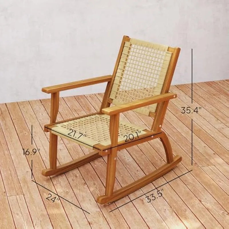 Outdoor Rocking Chair Set of 2, Acacia Wood Outdoor Rockers with Armrests, Rattan Wicker Back and Seat, Patio Wooden Ro