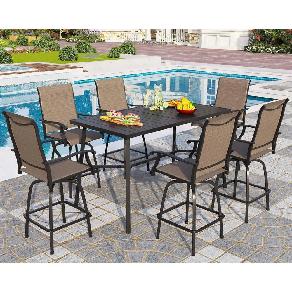 7 Piece High Patio Bar Dining Set, Bar Height Outdoor Table and Chairs Patio Furniture Set with 6 Patio Swivel Bar Stools & 40"
