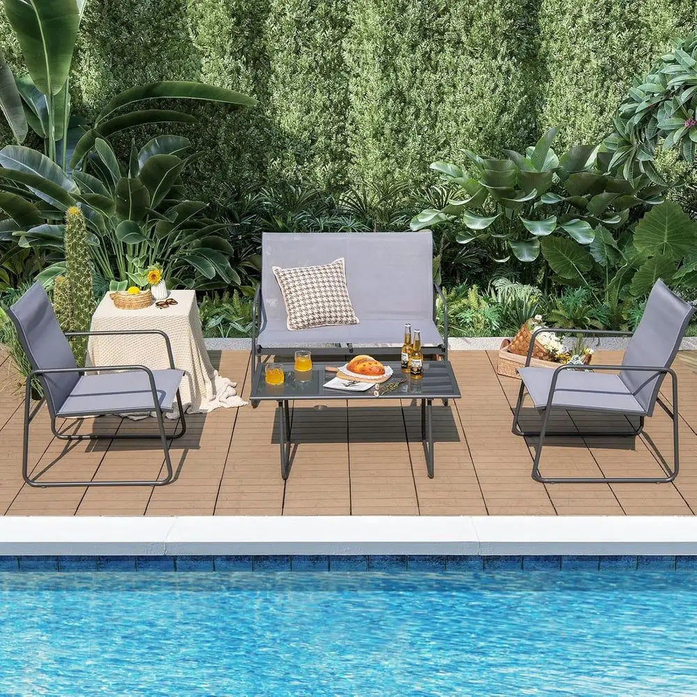 Gray Outdoor Patio Furniture Set: 4-Piece Metal and Fabric Conversation Area with Tempered Glass Table for Garden, Poolside Use