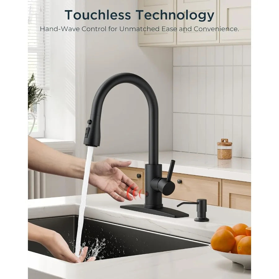 Black Touchless Kitchen Faucet with Soap Dispenser Hands-Free Smart Motion Sensor Contemporary Bar Sink Faucet with Pull Down S