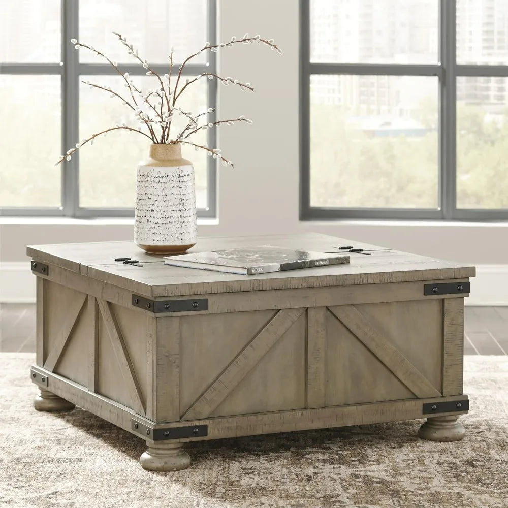 Farmhouse-Style Square Coffee Table with Lift Top Storage, Gray-Brown Finish