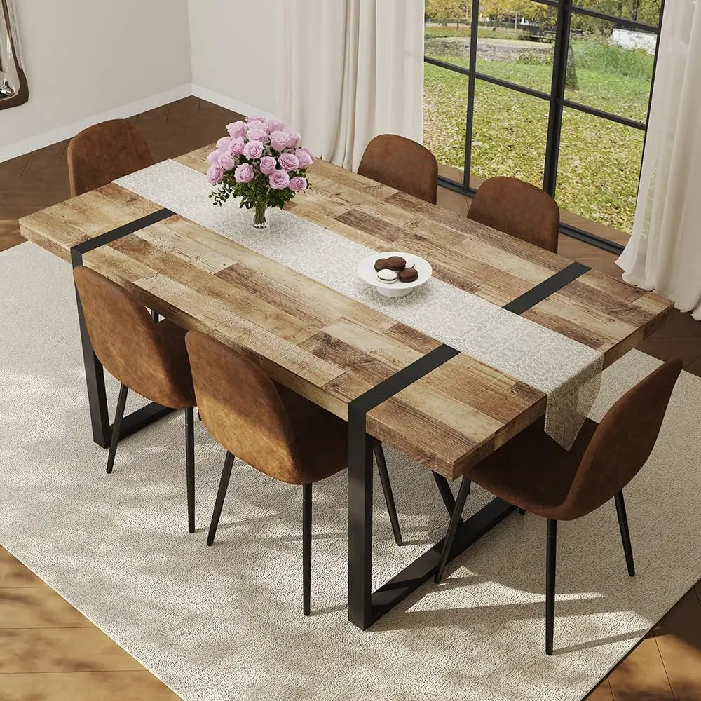 Wood Dining Table Set for 6, 71" Large Rectangular Kitchen & Dining Room Table with 6 Suede Upholstered Chairs,, Customized