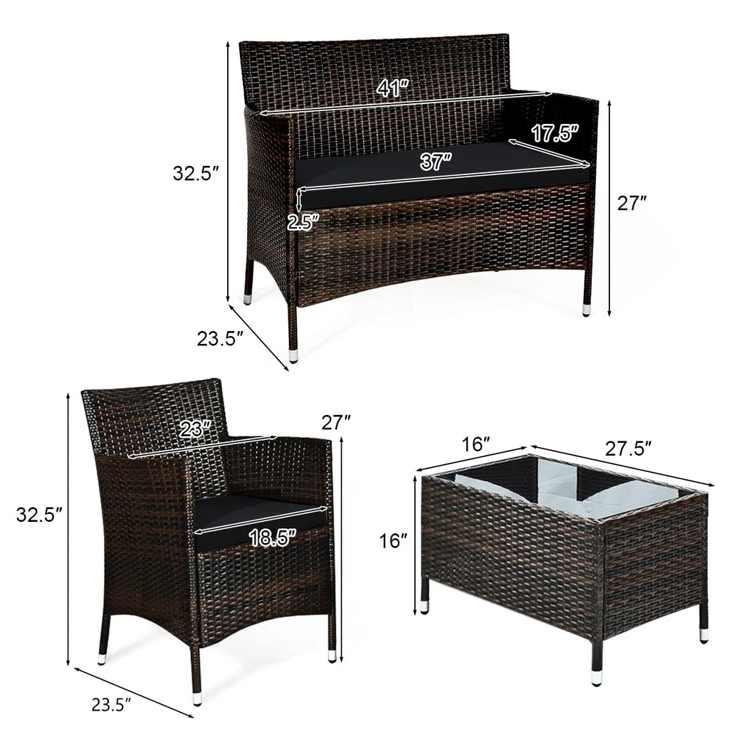 4PCS Rattan Patio Furniture Set Cushioned Sofa Chair Coffee Table Black