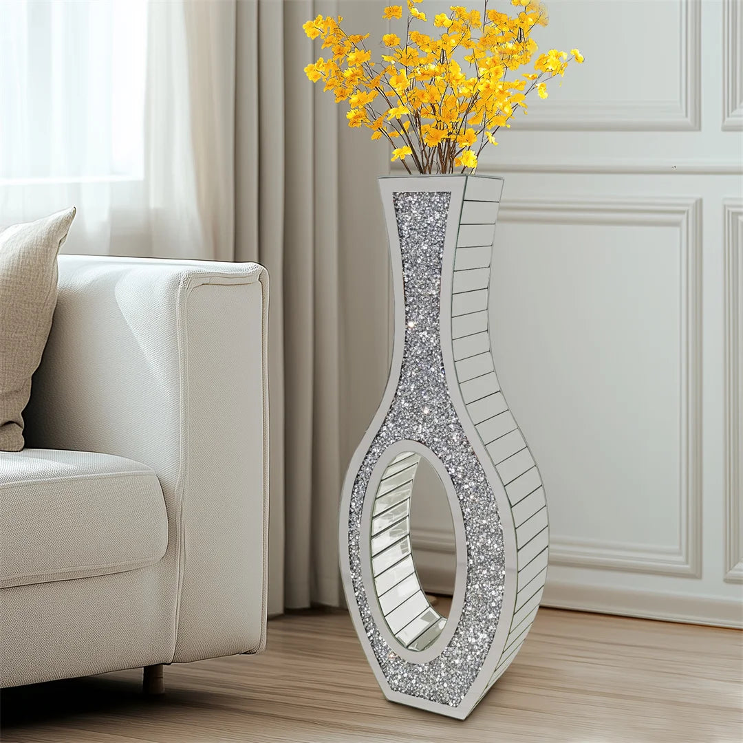Designed Modern Flower Vase Silver Crystal Mirrored Floor Vase Home Decorative Standing Flower Vase