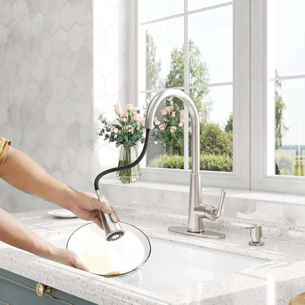 Touchless Motion Sensor Kitchen Faucet with Pull-Down Spray and LED Light, Including Soap Dispenser for Enhanced Sink Functional
