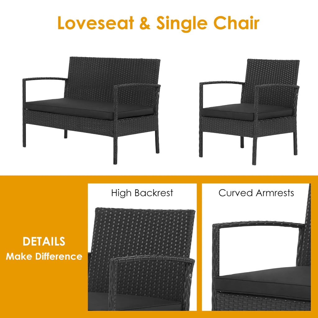 4PCS Patio Rattan Furniture Set Cushioned Chair Wooden Tabletop Black