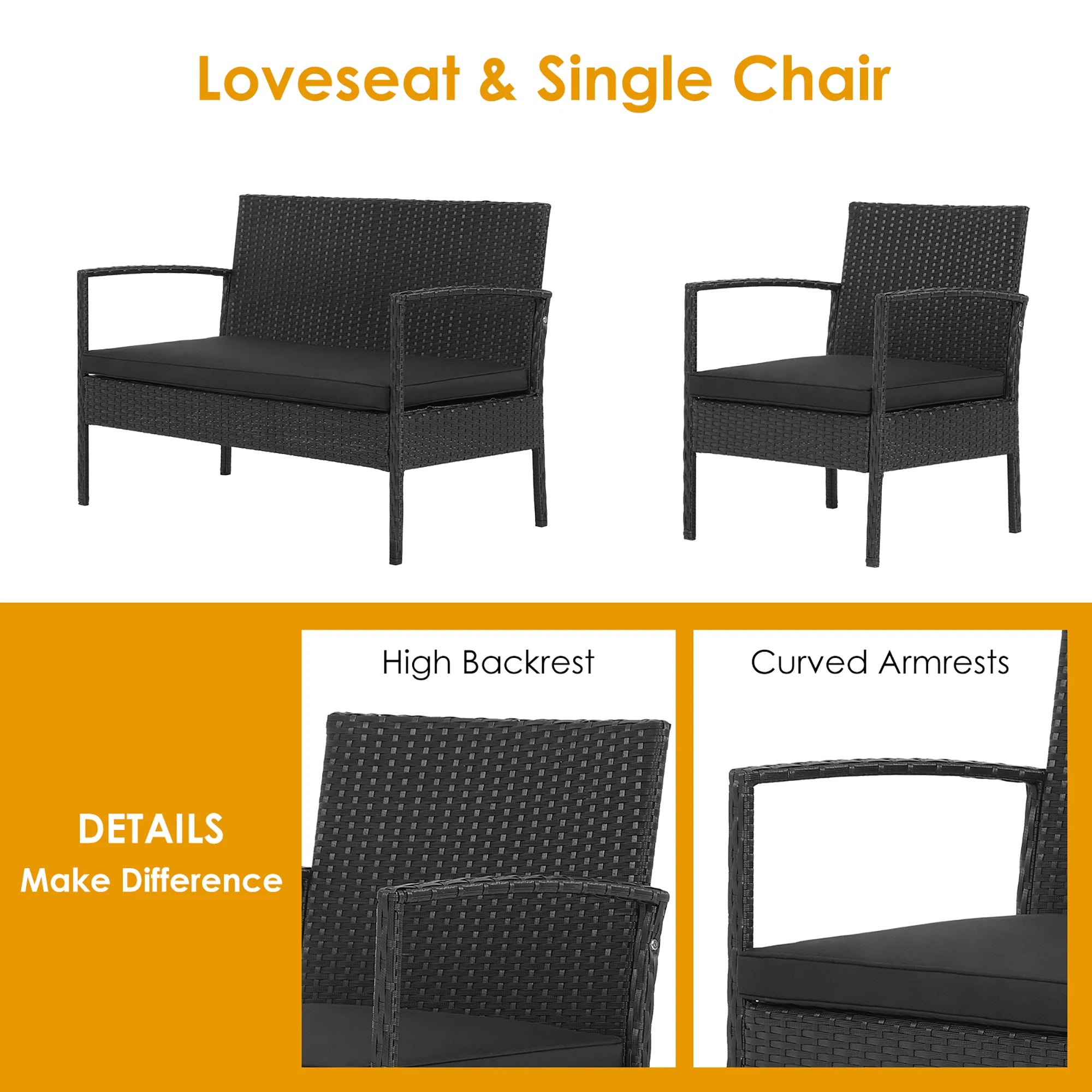 4PCS Patio Rattan Furniture Set Cushioned Chair Wooden Tabletop Black