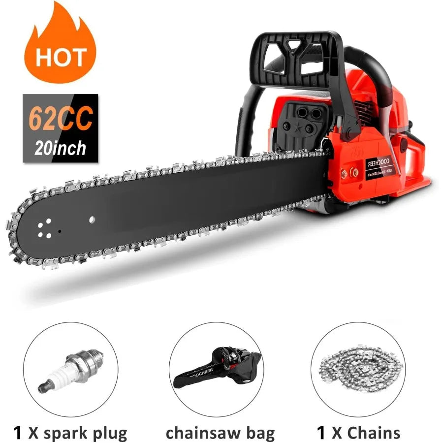 COOCHEER Gas Chainsaw Powered 62CC 3.5-HP 2-Cycle Gas Chainsaw 20 Inch with Tool Kit Carrying Bag for Tree Cutting and Trimming