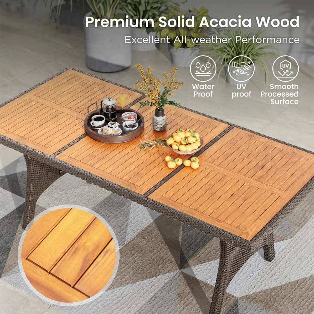 Outdoor Dining Set for 8, Rectangular Rattan Table with Acacia Wood Top & Wicker Chairs with Cushions, 74” Large Modern Furnitu
