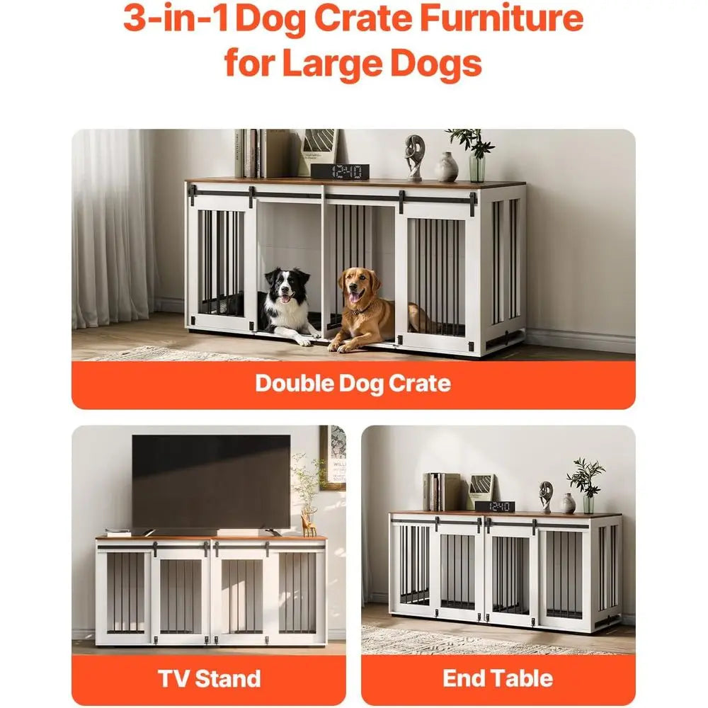 Double Dog Crate Furniture with Sliding Doors, Large TV Stand for Small to Large Dogs, White
