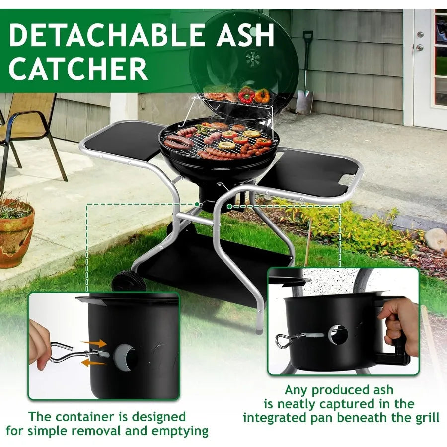 22 inch Outdoor Barbecue Pit Grill Cart with 2 Side Tables for Patio Backyard Camping Picnic Cooking Portable Kettle Charcoal G