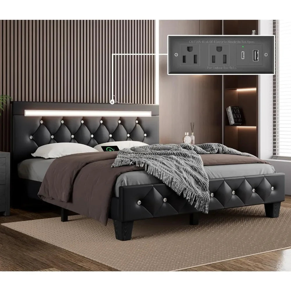 Faux Leather Platform Bed Frame with LED Light And Charging Station Handcrafted Crystal Button Adjustable Headboard Queen Size