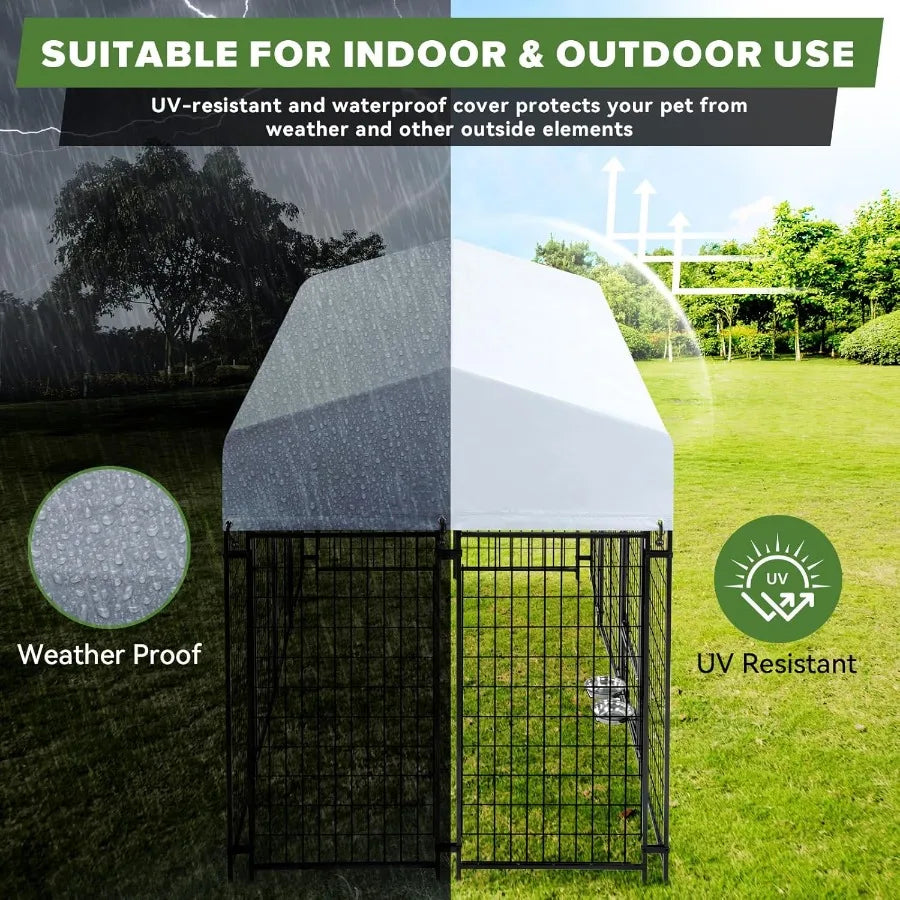 8x4x6FT Outdoor Dog Kennel Heavy Duty Welded Wire Steel Dog Pen with Waterproof Roof Cover and 2 Rotating Dog Bowls in Black fo