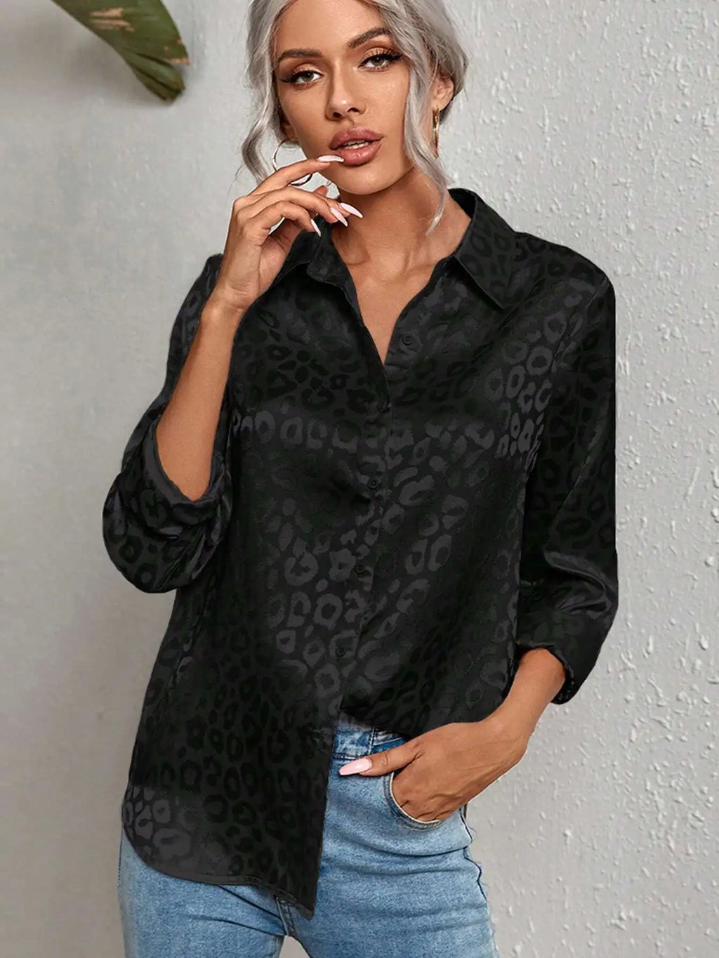 Leopard Jacquard Satin Button Down Shirt for Women, Long Sleeve Elegant Top