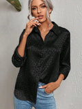Leopard Jacquard Satin Button Down Shirt for Women, Long Sleeve Elegant Top