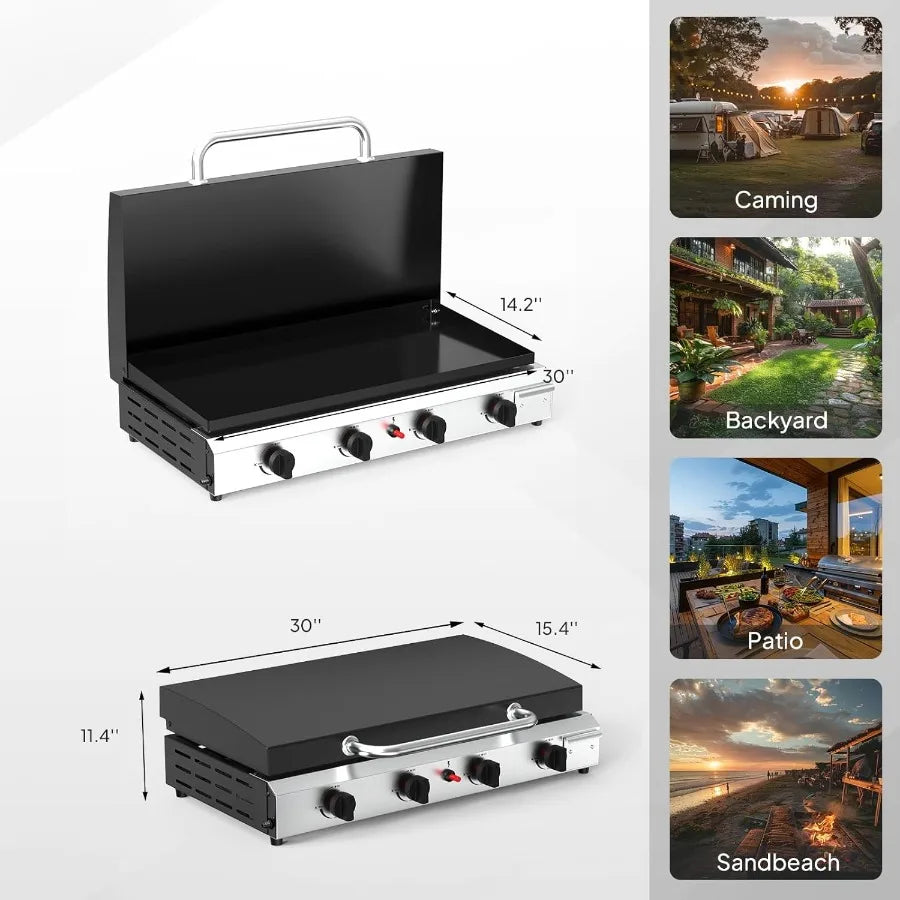 4 Burner Portable Propane Griddle with Lid 40000BTU Tabletop Flat Gas Grill with Ignition and Oil Collector for Outdoor Cooking