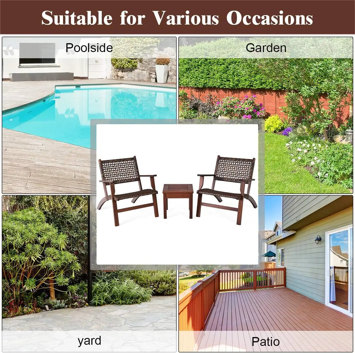 3-Piece Outdoor Patio Set, Eucalyptus Wood Frame Wicker Bistro with Coffee Table, Brown Rattan Furniture for Backyard, Porch, Ga