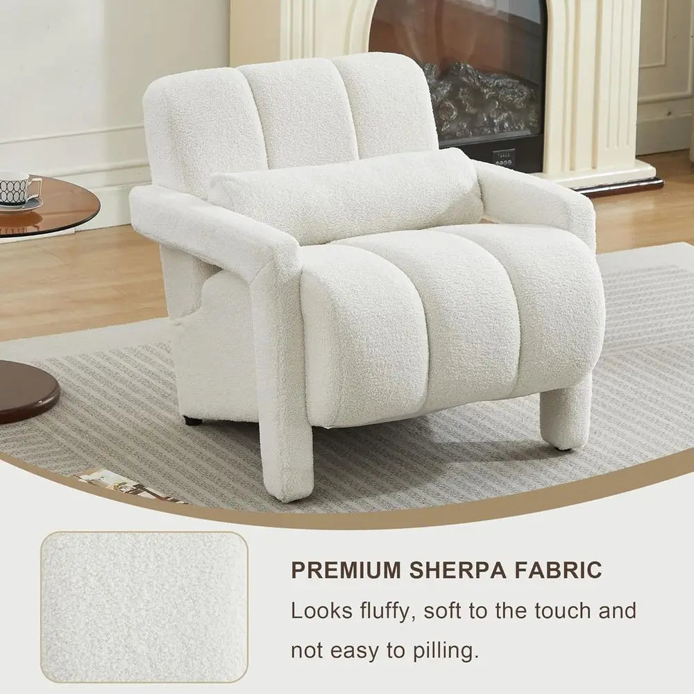 Accent Chair, Modern Upholstered Sherpa Accent Chair, Comfy Teddy Single Armchair with Pillow for Living Room, Bedroom (Beige, B