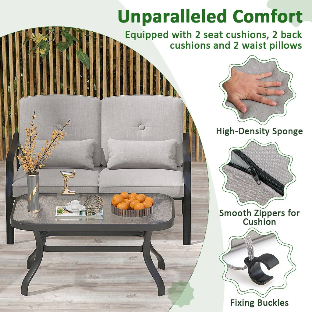2 PCS Patio Furniture Set Outdoor Loveseat Chair Coffee Table Cushioned Seat